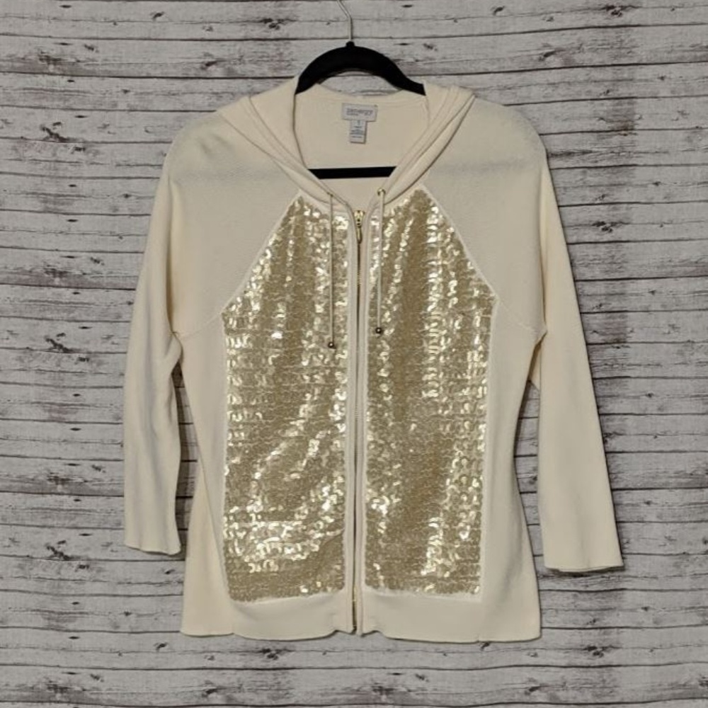 Zenergy by CHICO'S EUC Hooded Cream/Gold Zip SZ:1